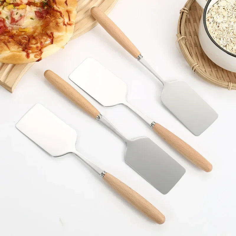 Stainless Steel Square Head Steak Cooking Spatula Wood Handle Pizza Shovel Pancake Beef Turner Scraper BBQ Utensils For Kitchen