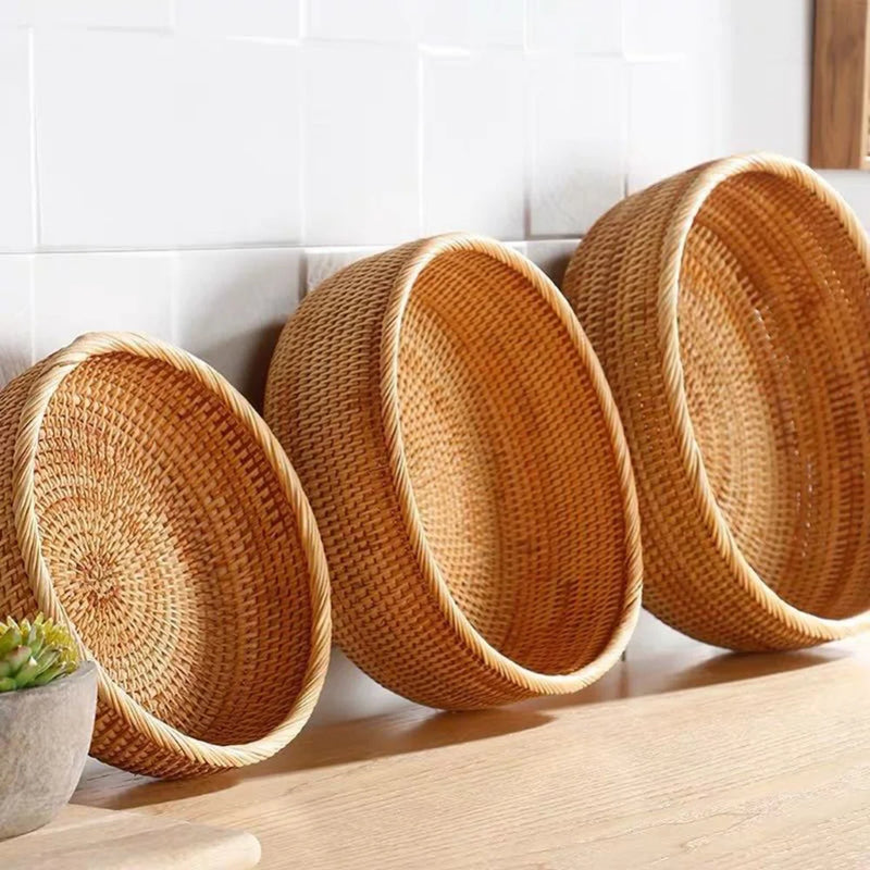 Natural Food Woven Tray Box Round Handwoven Rattan Storage Baskets Home Living Room Dinner Table Snack Fruit Vegetable Basket