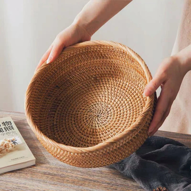 Natural Food Woven Tray Box Round Handwoven Rattan Storage Baskets Home Living Room Dinner Table Snack Fruit Vegetable Basket