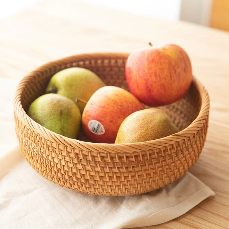 Natural Food Woven Tray Box Round Handwoven Rattan Storage Baskets Home Living Room Dinner Table Snack Fruit Vegetable Basket