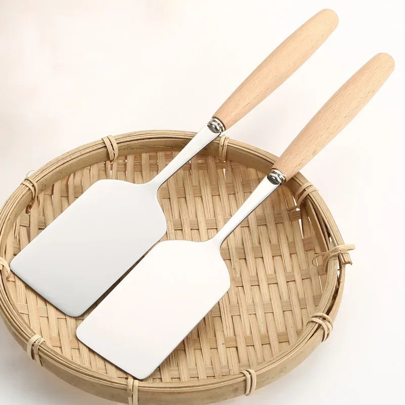 Stainless Steel Square Head Steak Cooking Spatula Wood Handle Pizza Shovel Pancake Beef Turner Scraper BBQ Utensils For Kitchen