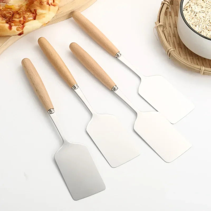 Stainless Steel Square Head Steak Cooking Spatula Wood Handle Pizza Shovel Pancake Beef Turner Scraper BBQ Utensils For Kitchen