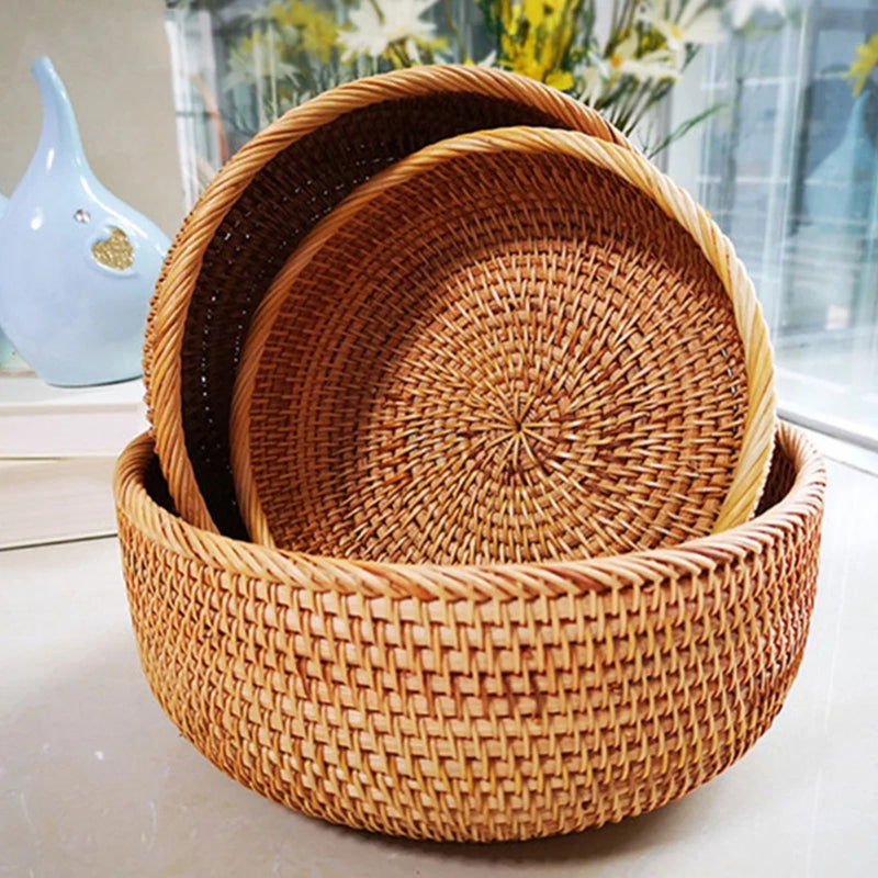 Natural Food Woven Tray Box Round Handwoven Rattan Storage Baskets Home Living Room Dinner Table Snack Fruit Vegetable Basket