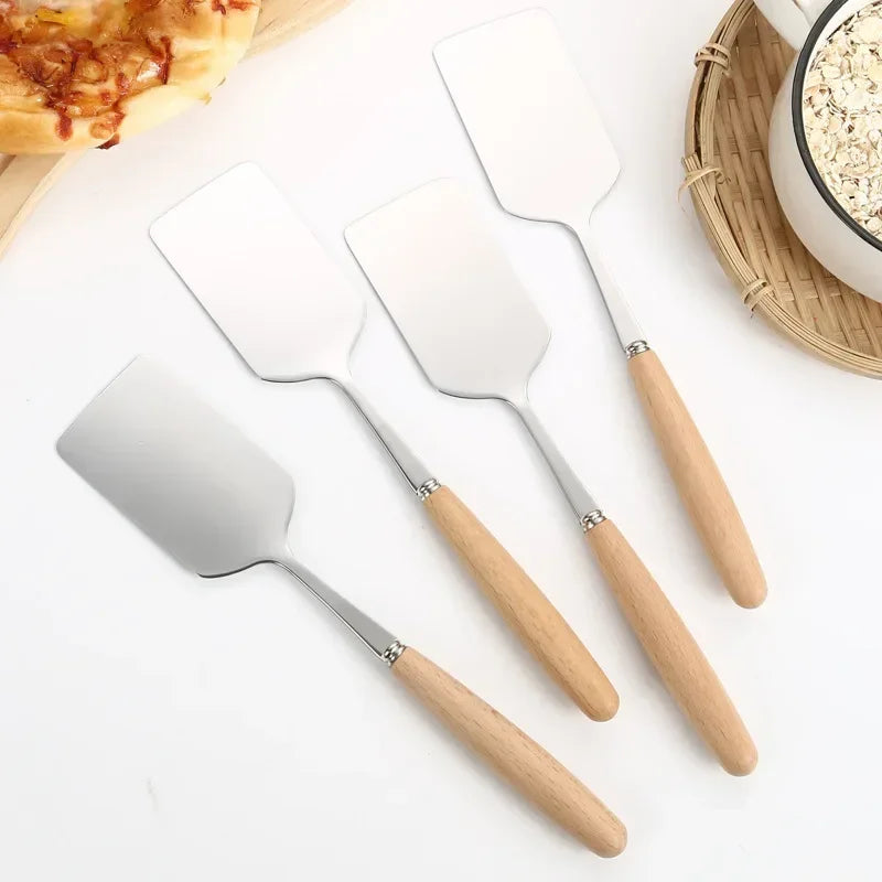 Stainless Steel Square Head Steak Cooking Spatula Wood Handle Pizza Shovel Pancake Beef Turner Scraper BBQ Utensils For Kitchen